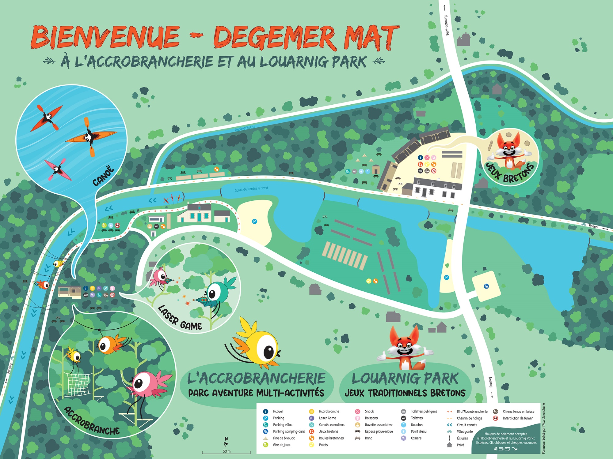 Voici le plan de notre site indiquant les différents lieux d'activités : accrobranche, canoë, laser game, jeux traditionnels et snack.